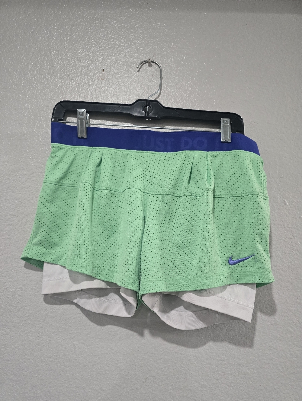 Nike Women's Mint Green Layered Running Shorts with Blue Waistband Medium